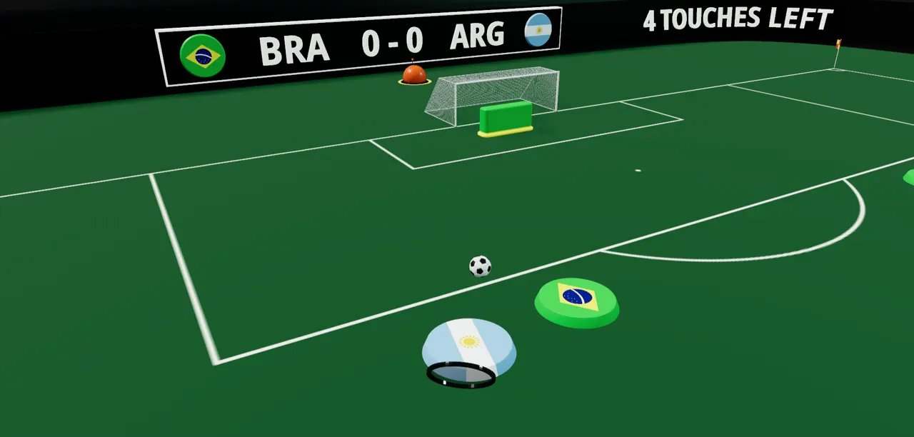 Um botão do Brasil preparando o chute no gol da Argentina